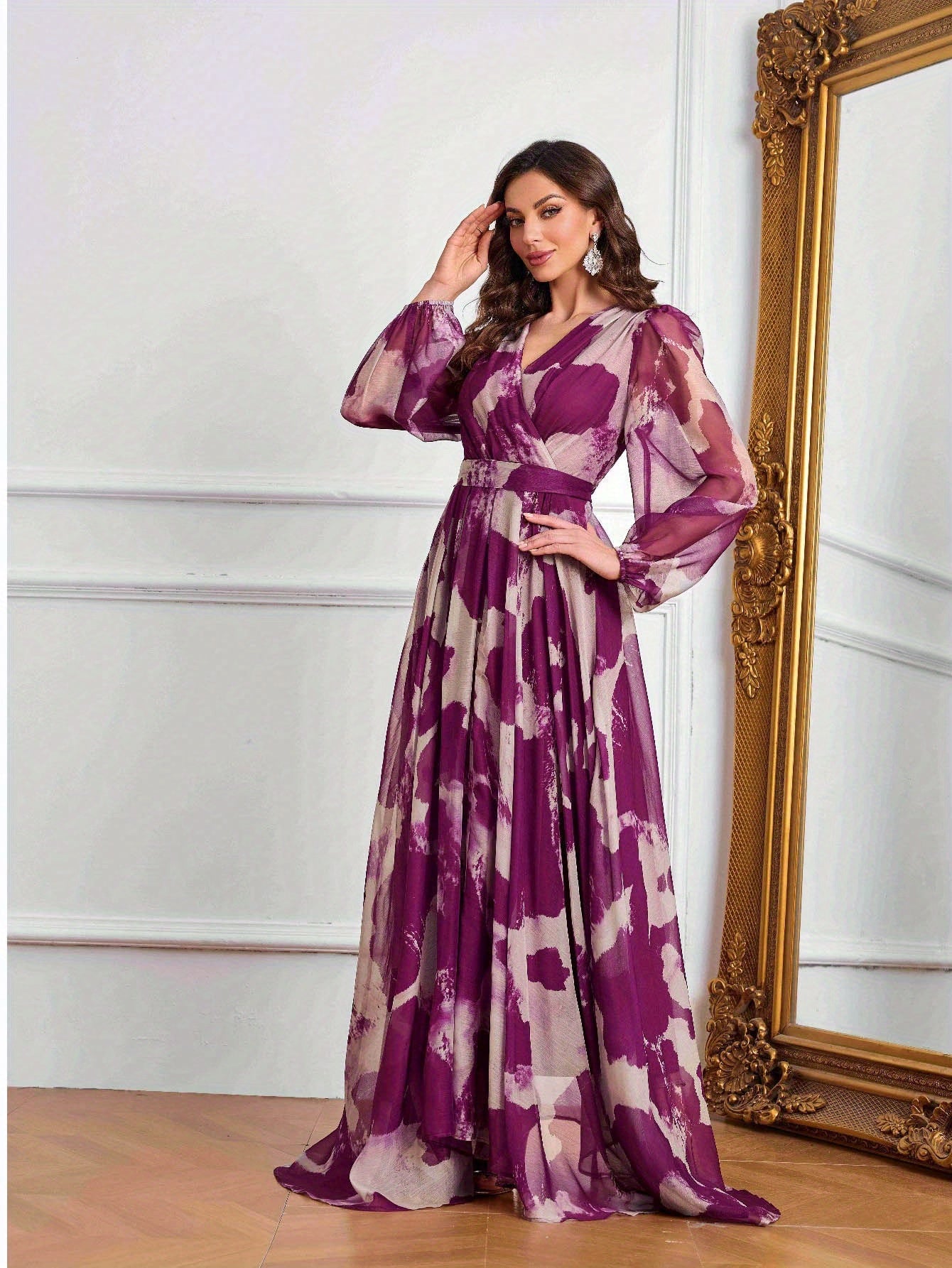 Women's Elegant V-Neck Long Formal Dress - Non-Stretchy Flowy Gown in Purple/White/Black/Gray/, Belted Waist for Weddings, Galas, Office Events - All-Season Formal Party Evening Attire, Long Sleeve Formal Dress, Wedding Guest