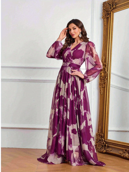 Women's Elegant V-Neck Long Formal Dress - Non-Stretchy Flowy Gown in Purple/White/Black/Gray/, Belted Waist for Weddings, Galas, Office Events - All-Season Formal Party Evening Attire, Long Sleeve Formal Dress, Wedding Guest