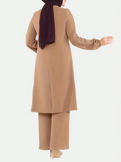 Two-Piece Set for Women Featuring a Simple Round Neck Shirt And Loose Long Pants (Headscarf Not Included).