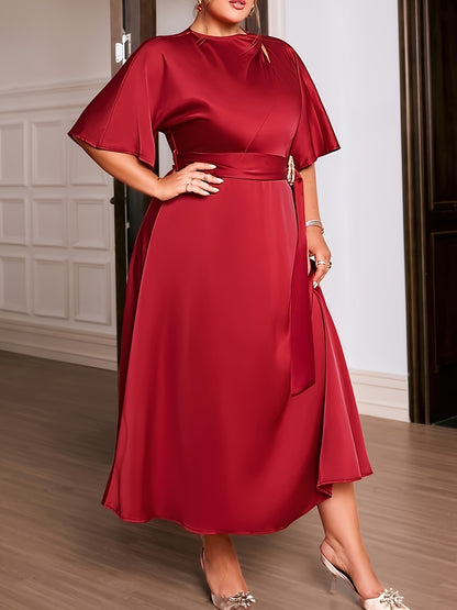Plus Size Elegant Long Dress, Solid Color Polyester Spandex Blend Crew Neck Short Sleeve Fitted with Belt Detail