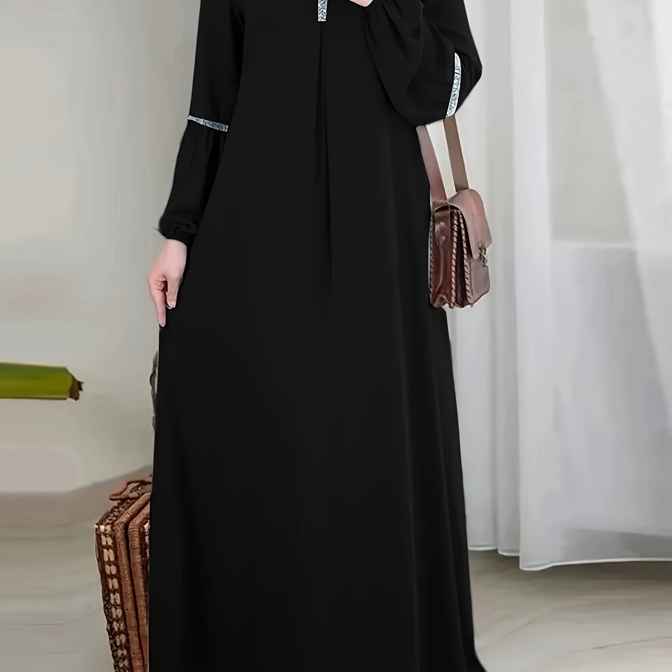Middle Eastern Solid Color Long Sleeve Muslim Abaya Casual Sequined Dress
