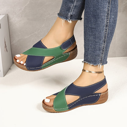 Women'S Color-Block Wedge Sandals - Open-Toe Summer Beach Shoes with Adjustable Hook-and-Loop Straps, Comfortable PU Upper & Cushioned Insole for Outdoor Wear, Strappy Sandals, Beach Footwear, Stylish Wedge Design, Durable Tr
