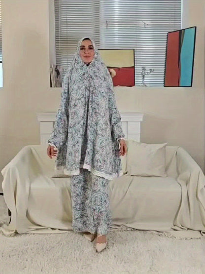 [1pc Long Sleeve Prayer Robe Set] 1pc Traditional Middle Eastern Muslim Women'S Fashion Hooded Prayer Robe Set, Geometric-Pattern Rayon/Viscose, Long Sleeve, Loose Fit, Woven Applique, Non-Stretch Fabric, Spring/Summer/Fall -