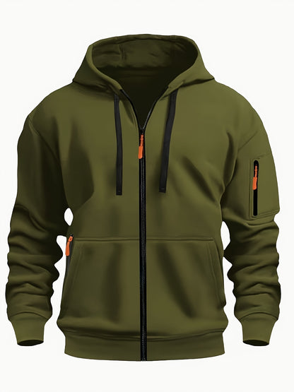 Men's Sporty Zip-Up Hoodie Jacket - Vibrant Orange with Black Zipper Accents, Polyester-Lined Comfort, Machine Washable Regular Fit for Autumn Winter Casual Outdoor Wear, Autumn Apparel