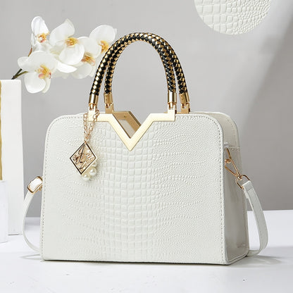 Elegant Crocodile Pattern Handbag for Women - Versatile Large Capacity Shoulder & Handbag, Glossy White Finish with Golden Accents, Perfect for Work, Date Night, Or Casual Outings, Commuter Handbag | Vneck Tote | Zipper Closu