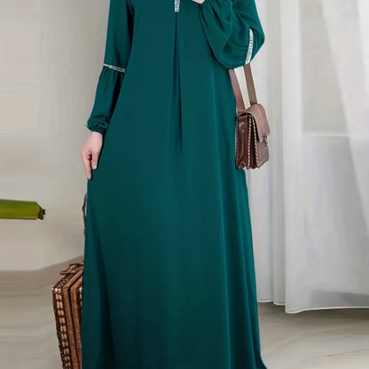 Middle Eastern Solid Color Long Sleeve Muslim Abaya Casual Sequined Dress