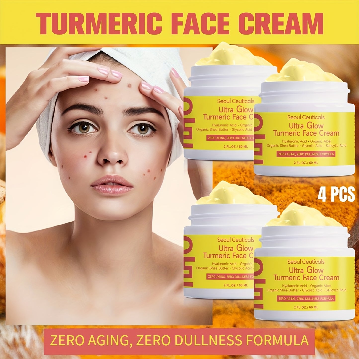4pcs Salicylic Acid Turmeric Face Cream, Contains Turmeric, Aloe Vera, Ganoderma Lucidum, Salicylic Acid, Deeply Moisturizes And Nourishes The Skin, Making It Look Non-greasy, Smooth And Moisturizing Cream 2.03oz/1pc, Ideal F