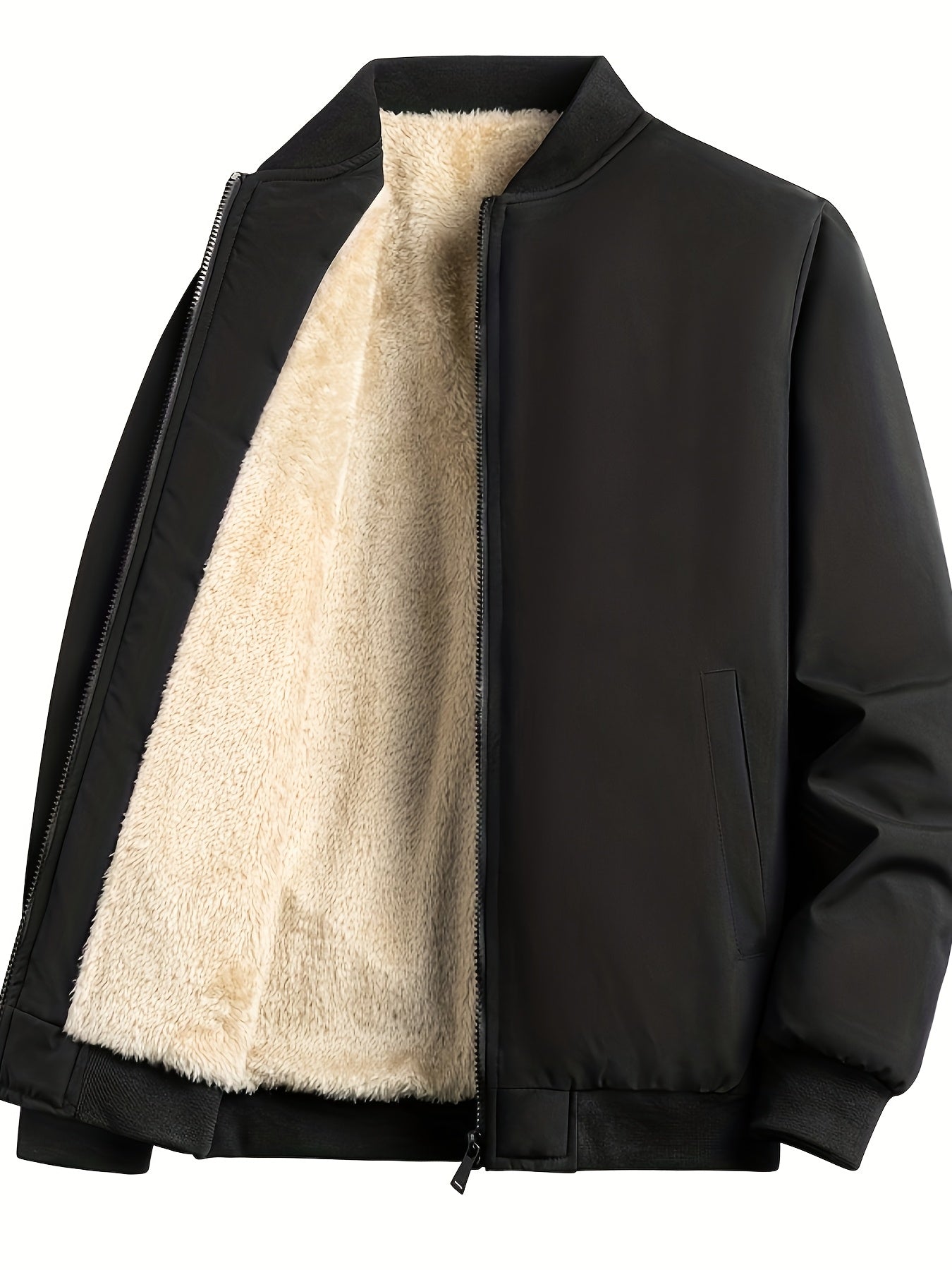 Men's Outdoor Warm Fleece-Lined Thick Casual Business Jacket with Baseball Collar, Solid Color, Machine Washable - Polyester