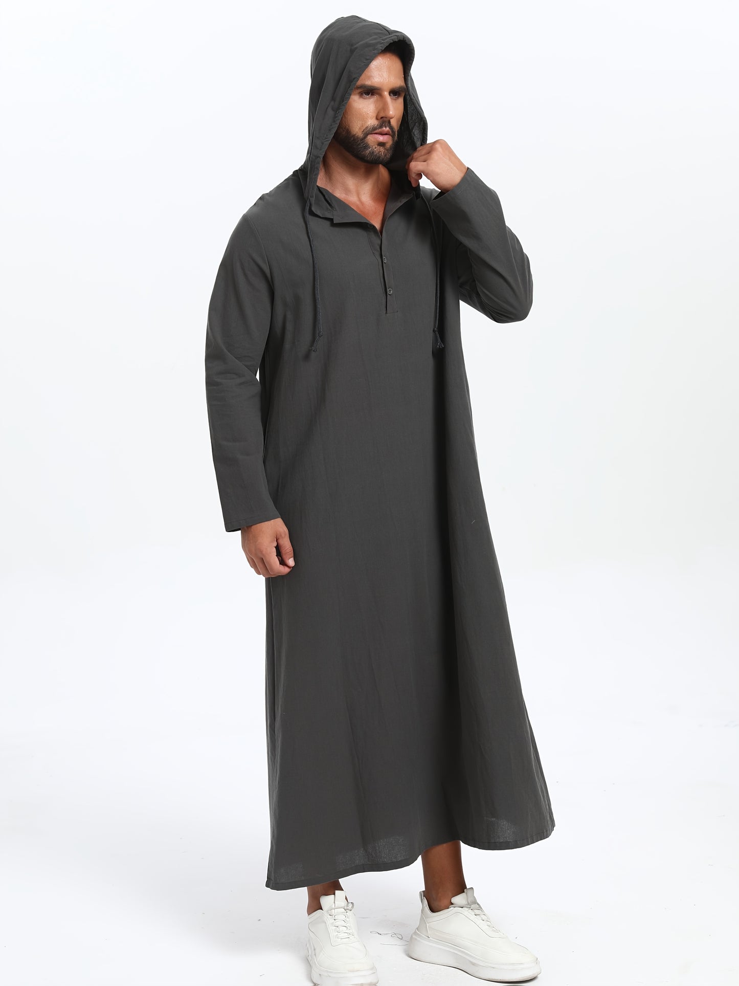 Men'S Arabic Hooded Robe - Traditional Islamic Full-Length Robe with Hood, Beige/Neutral Tones, Non-Stretch Fabric for Formal, Casual, Religious, Everyday & Special Occasions - Middle Eastern Cultural Attire, Muslim Dress, Fo