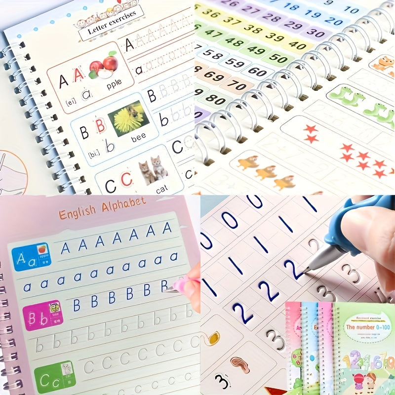 4pcs Magic Practice Copybooks Set for Kids, Reusable 3D Groove Writing Pad, Traceable Letters, Numbers, Painting and Math Workbooks for Preschoolers - Educational Handwriting Practice Ki