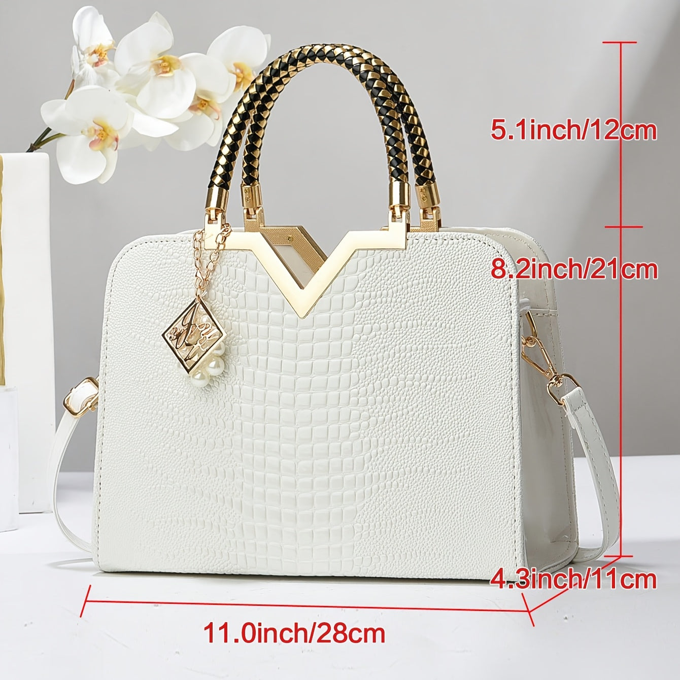 Elegant Crocodile Pattern Handbag for Women - Versatile Large Capacity Shoulder & Handbag, Glossy White Finish with Golden Accents, Perfect for Work, Date Night, Or Casual Outings, Commuter Handbag | Vneck Tote | Zipper Closu
