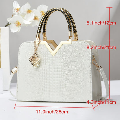 Elegant Crocodile Pattern Handbag for Women - Versatile Large Capacity Shoulder & Handbag, Glossy White Finish with Golden Accents, Perfect for Work, Date Night, Or Casual Outings, Commuter Handbag | Vneck Tote | Zipper Closu