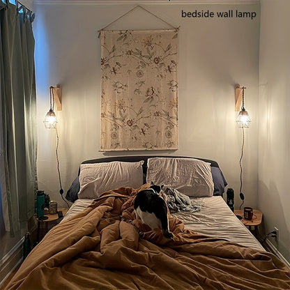 1PC Rustic Farmhouse Wall Lamp with Wood Shelf Bracket - Plug In Wall Sconces with Switch Cord for Living Room, Bedroom - Easy Installation, Space-Saving Design, and Versatile Lighting Solution (Not Include Bulb)
