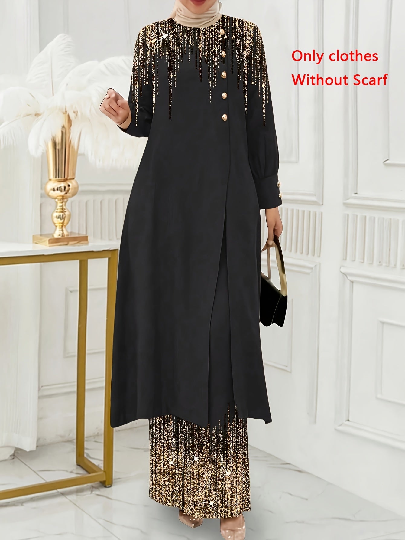 Ramadan, Women Button-Decorated Solid Color Long Sleeve Top & Pants Set, Arabic Style Clothing, Only Clothes, Without Headscarf
