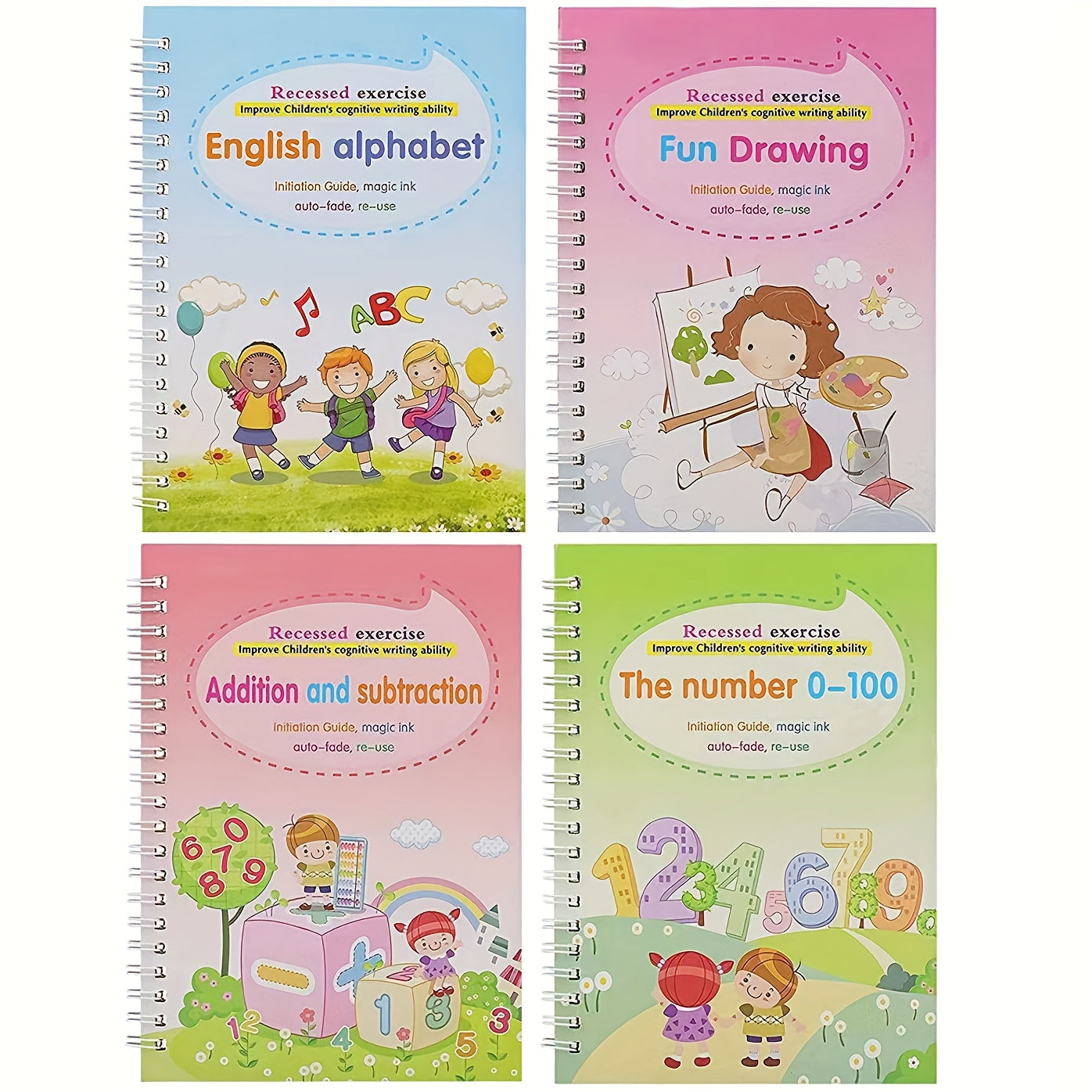 4pcs Magic Practice Copybooks Set for Kids, Reusable 3D Groove Writing Pad, Traceable Letters, Numbers, Painting and Math Workbooks for Preschoolers - Educational Handwriting Practice Ki