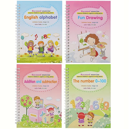 4pcs Magic Practice Copybooks Set for Kids, Reusable 3D Groove Writing Pad, Traceable Letters, Numbers, Painting and Math Workbooks for Preschoolers - Educational Handwriting Practice Ki
