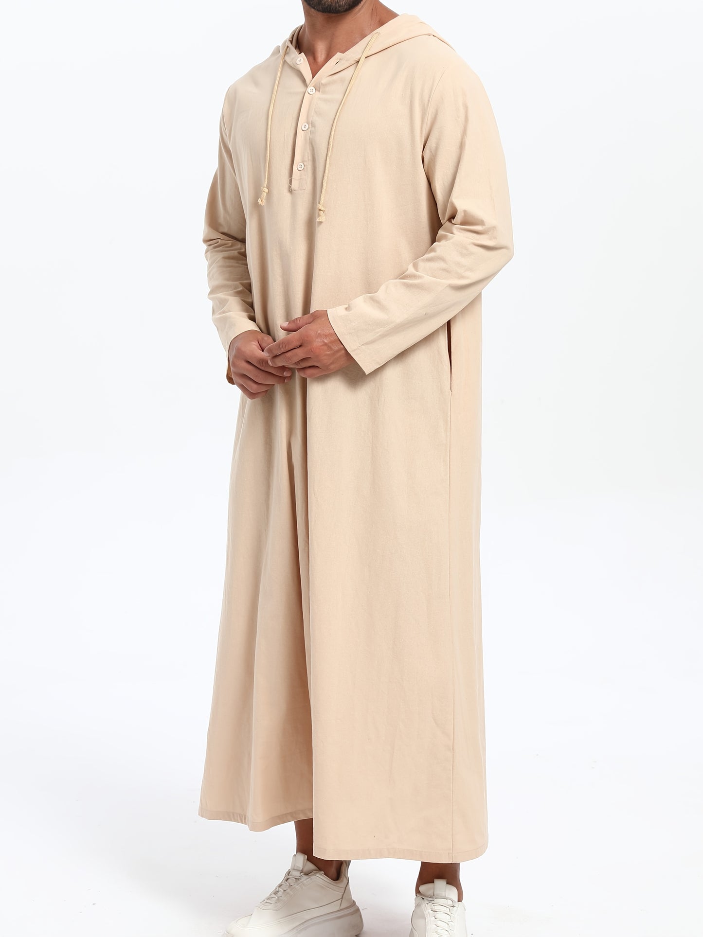 Men'S Arabic Hooded Robe - Traditional Islamic Full-Length Robe with Hood, Beige/Neutral Tones, Non-Stretch Fabric for Formal, Casual, Religious, Everyday & Special Occasions - Middle Eastern Cultural Attire, Muslim Dress, Fo