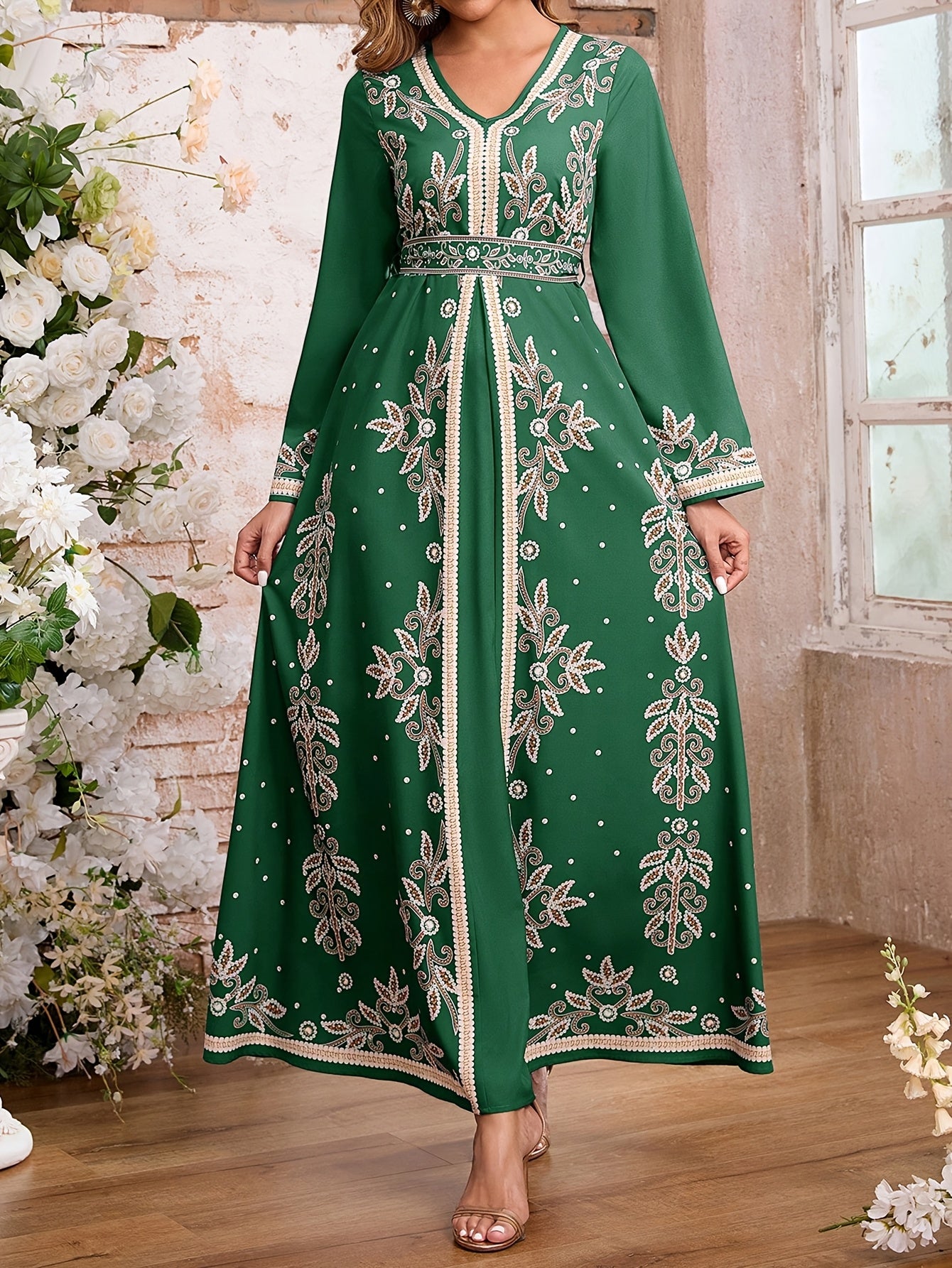 Women's Elegant Arabic Abaya Dress - Long Formal Muslim Wedding Gown with Floral Print, Navy Blue & Golden Islamic Rope for Everyday & Special Occasions - Machine Washable Non-See Through Islamic Clothing, Muslim Dress, Highq