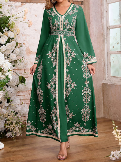 Women's Elegant Arabic Abaya Dress - Long Formal Muslim Wedding Gown with Floral Print, Navy Blue & Golden Islamic Rope for Everyday & Special Occasions - Machine Washable Non-See Through Islamic Clothing, Muslim Dress, Highq