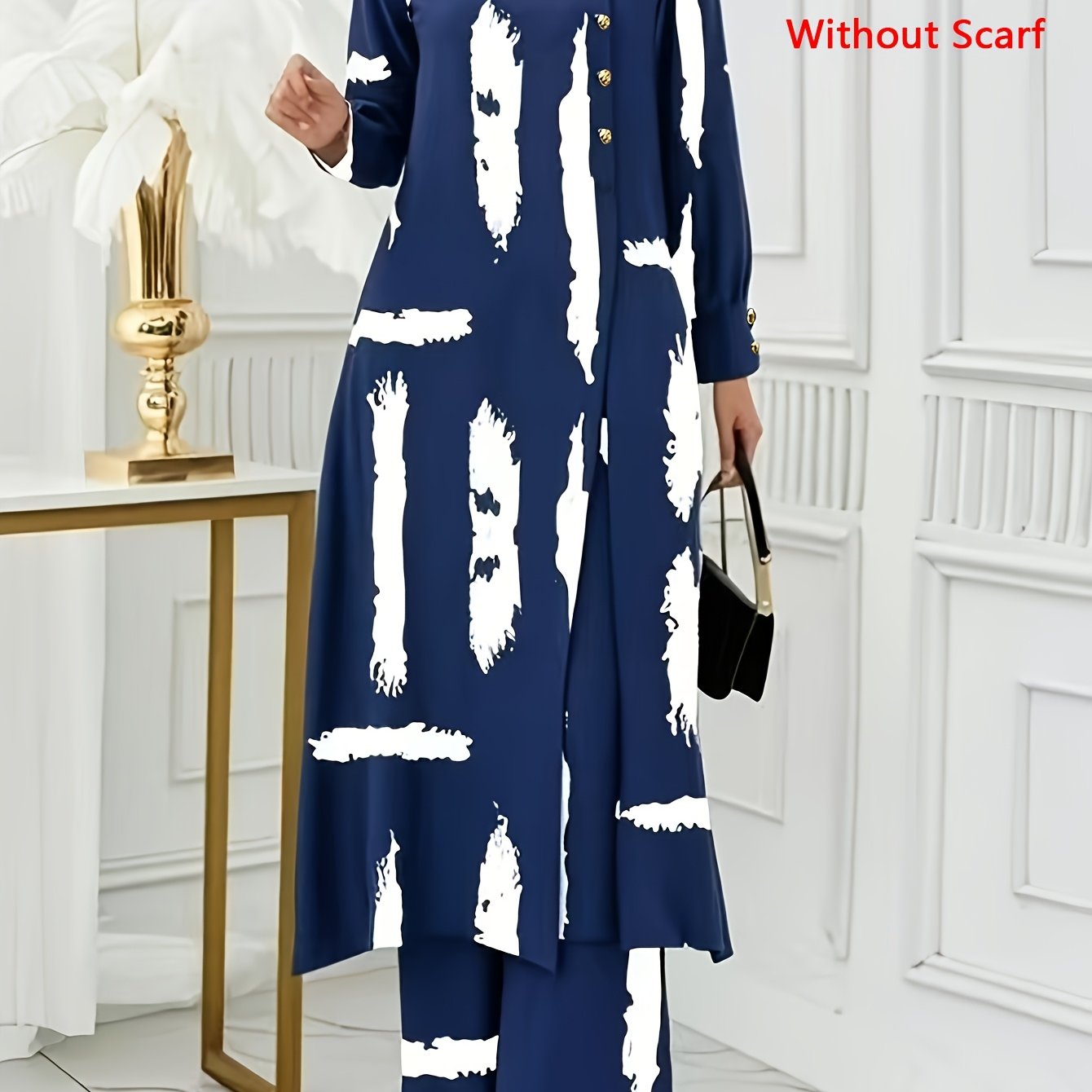 Ramadan, Women Button-Decorated Solid Color Long Sleeve Top & Pants Set, Arabic Style Clothing, Only Clothes, Without Headscarf