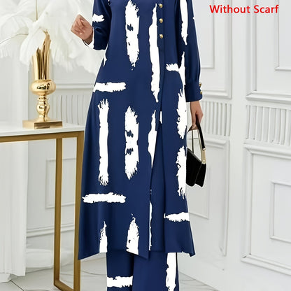 Ramadan, Women Button-Decorated Solid Color Long Sleeve Top & Pants Set, Arabic Style Clothing, Only Clothes, Without Headscarf