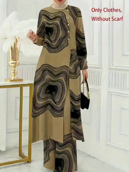 Ramadan, Women Button-Decorated Solid Color Long Sleeve Top & Pants Set, Arabic Style Clothing, Only Clothes, Without Headscarf