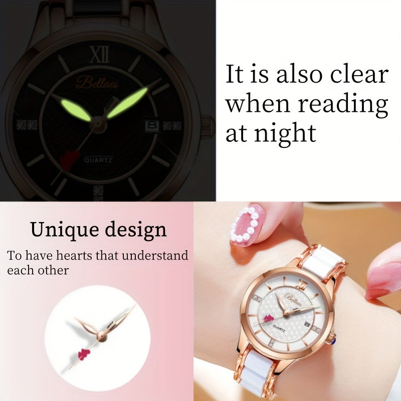 Luxury Ceramic Women's Watch with Rose Golden Case & White Dial - Quartz Movement, Date Display, Heart Accents - Elegant Valentine's Day Gift for Her, Date Feature Watch | Heart Motif Watch | Ceramic Strap Watch