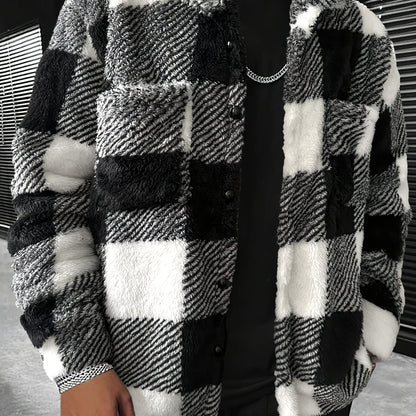 Men's Cozy Plaid Fleece Jacket - Casual Button-Up with Lapel Collar, Long Sleeves for Winter Warmth
