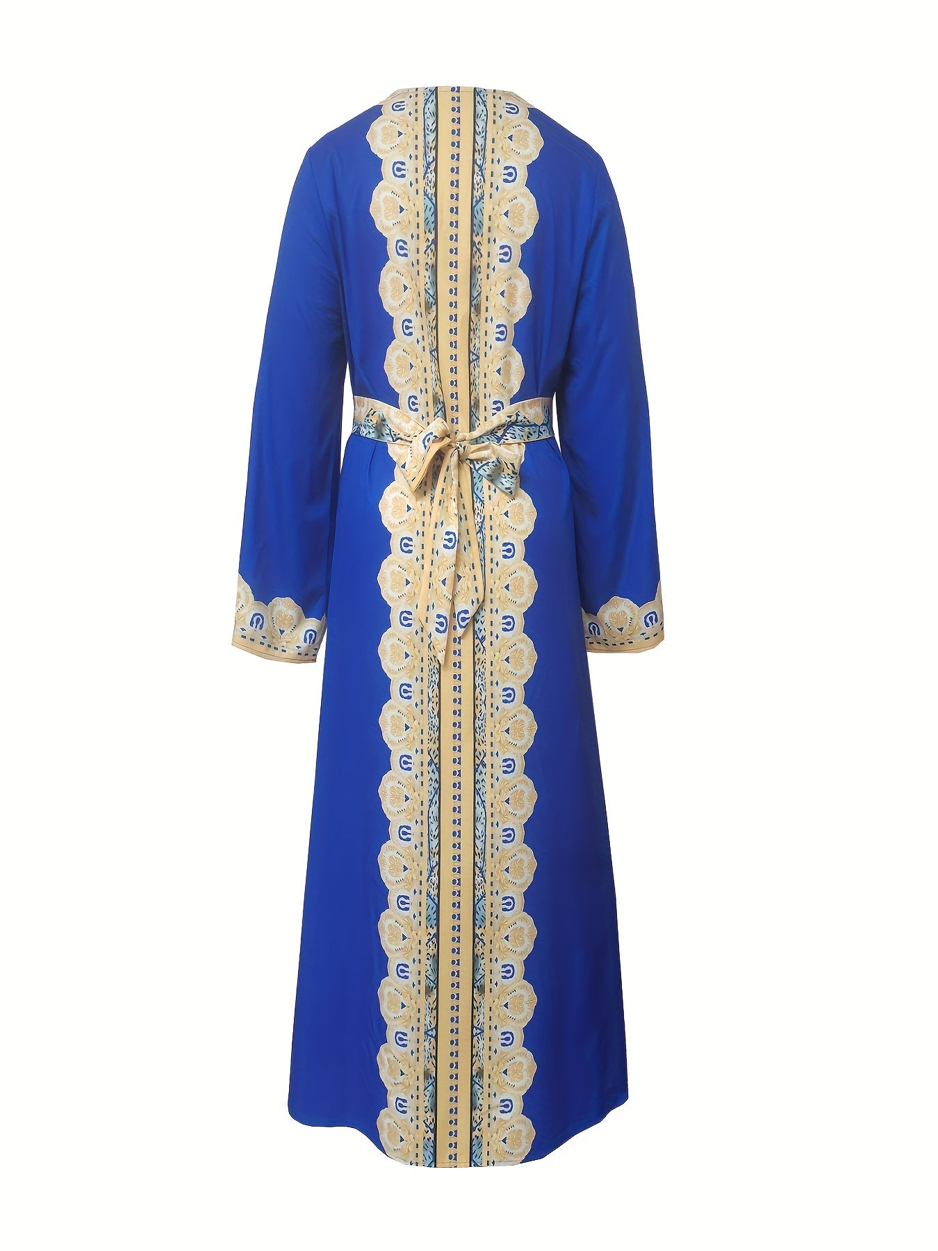1pc Elegant Middle Eastern Tribal Print Kaftan Dress - Polyester Long Sleeve Square Neck with Belt Detail, Fitted A-Line Silhouette for Spring/Summer/Fall