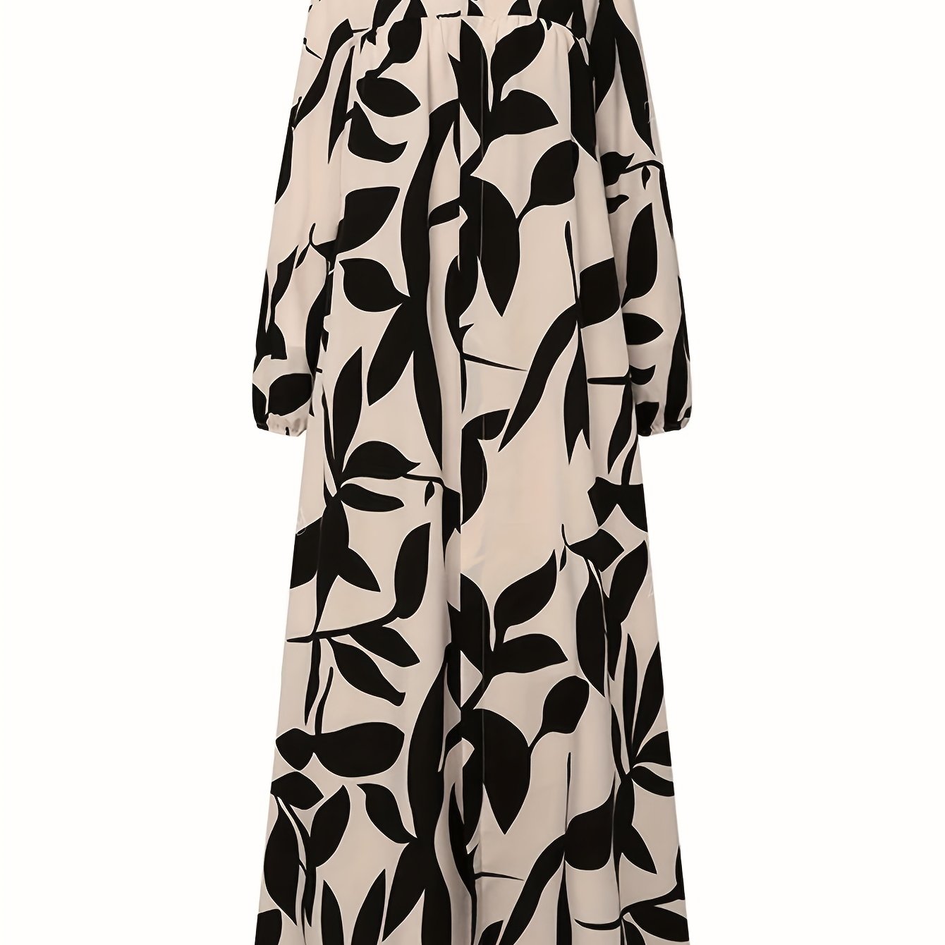 Women's Arabian-Style Plant Print Lantern Sleeve Maxi Dress - Black & Loose Fit A-Line Traditional Dress, Machine Washable All-Season Long Dress for Casual & Formal Occasions
