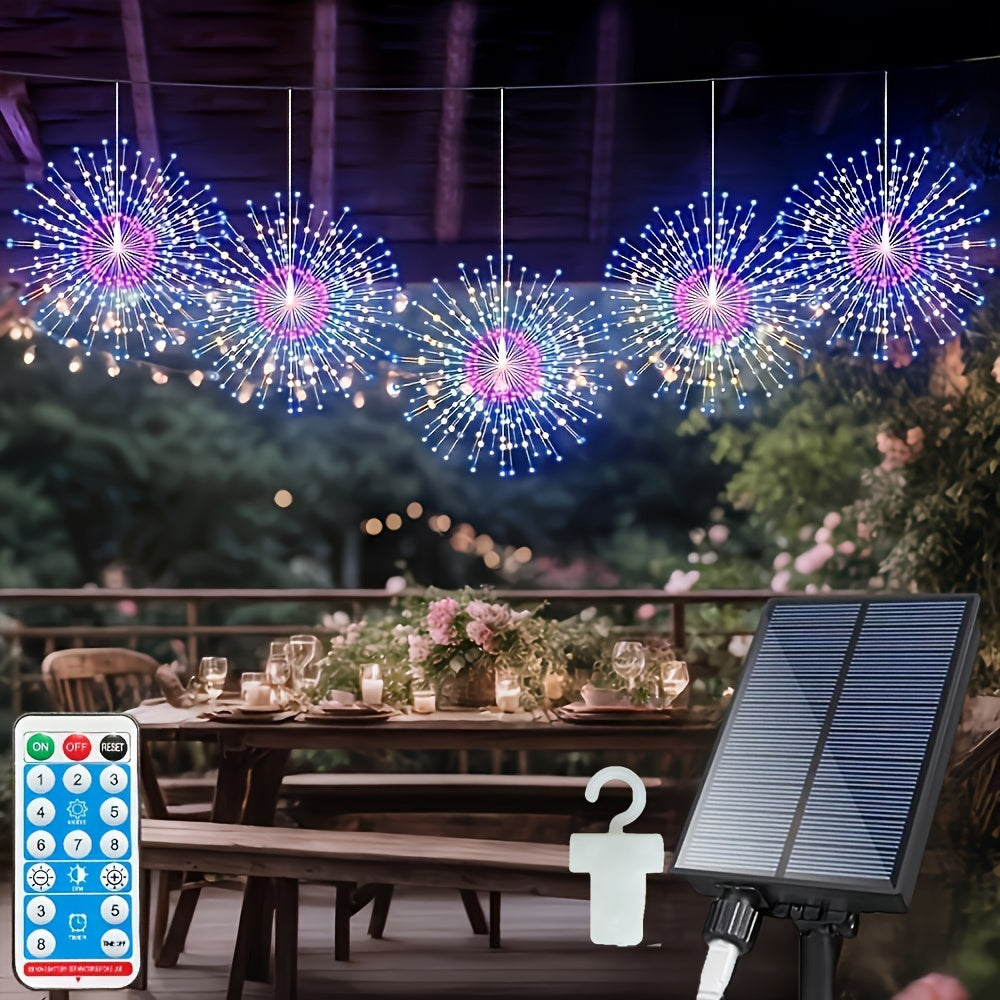 5pcs 450LED Solar Starburst Lanterns with Remote Timer - 8 Modes, Adjustable Brightness, Fairy Lights for Yard, Party Tents, Christmas, and More - Pure Copper Wire, 1200mAh Lithium Battery, Outdoor Lighting | Starburst Design