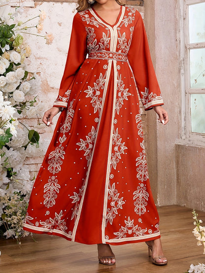 Women's Elegant Arabic Abaya Dress - Long Formal Muslim Wedding Gown with Floral Print, Navy Blue & Golden Islamic Rope for Everyday & Special Occasions - Machine Washable Non-See Through Islamic Clothing, Muslim Dress, Highq
