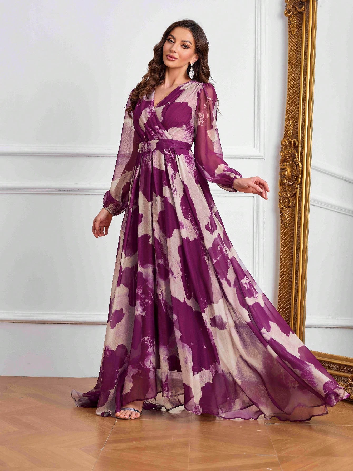 Women's Elegant V-Neck Long Formal Dress - Non-Stretchy Flowy Gown in Purple/White/Black/Gray/, Belted Waist for Weddings, Galas, Office Events - All-Season Formal Party Evening Attire, Long Sleeve Formal Dress, Wedding Guest