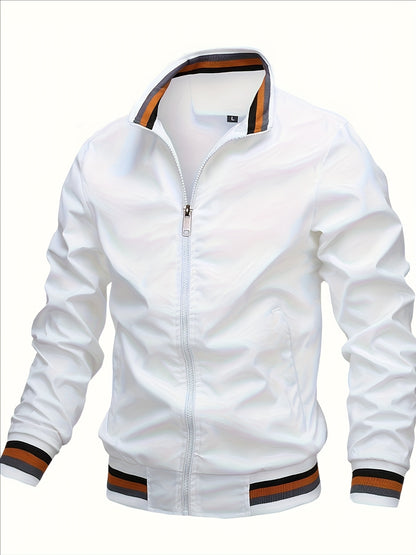 Men'S Retro Hip-Hop Baseball Jacket - Casual Sports Bomber with Stand Collar Zipper, Polyester Fabric - Perfect for Fall and Winter, Casual Weekend Wear, Casual Jacket|Hip Hop Style|Zippered Jacket