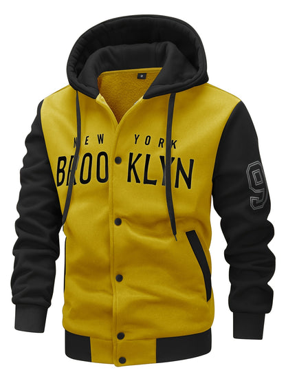 Men'S New Fall/Winter Casual Printed Hooded Baseball Jacket, Knitted Fabric, Regular Fit, Long Sleeve, Letter Pattern, Pocket, Single Button Closure, Daily & Leisure Wear