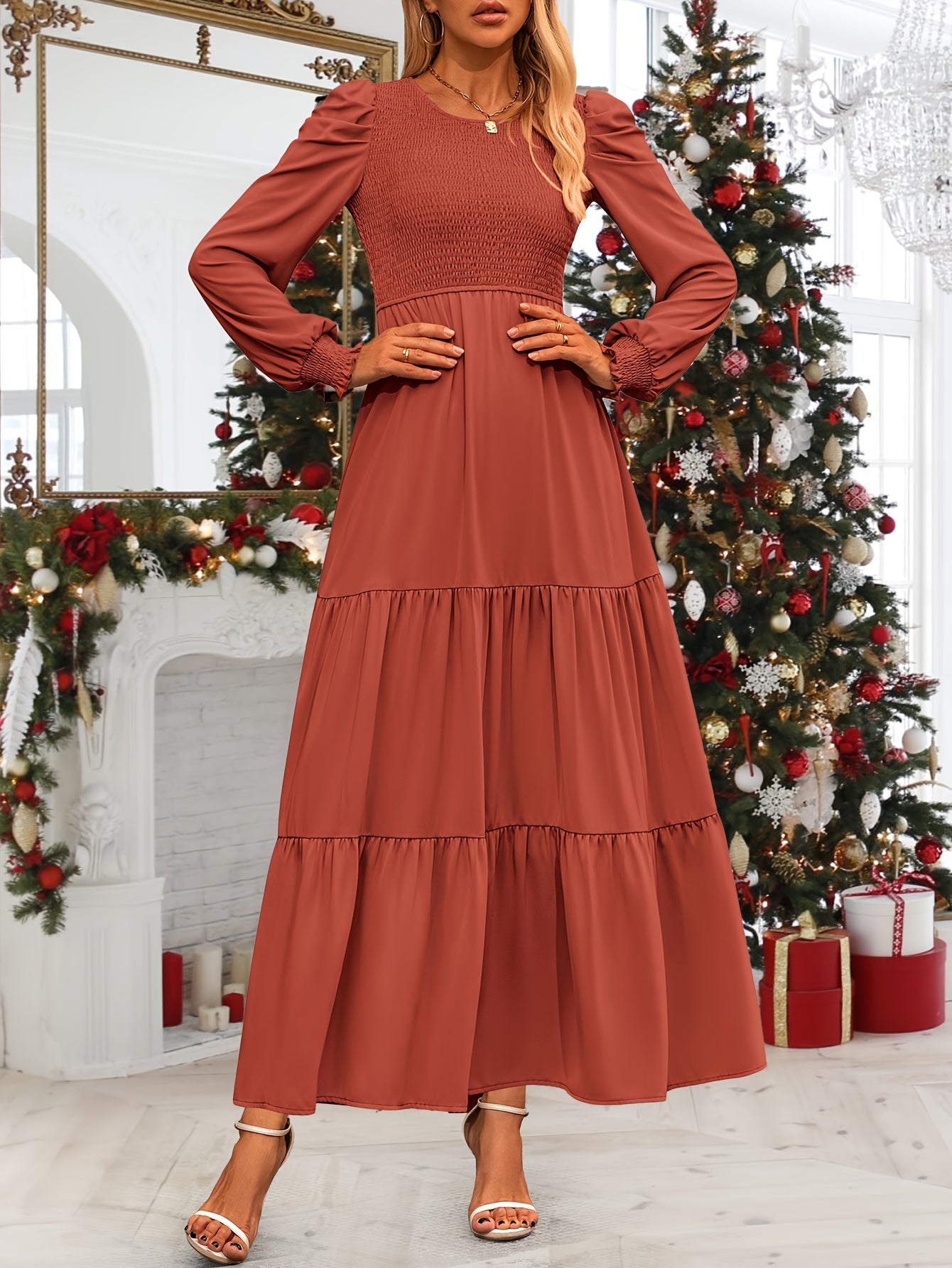 Women's Fall Wedding Guest Dress Long-sleeved Extra-long Dress Casual Crew-neck Pleated A-line Flowing Dress