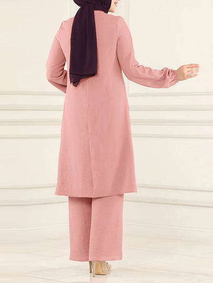 Two-Piece Set for Women Featuring a Simple Round Neck Shirt And Loose Long Pants (Headscarf Not Included).