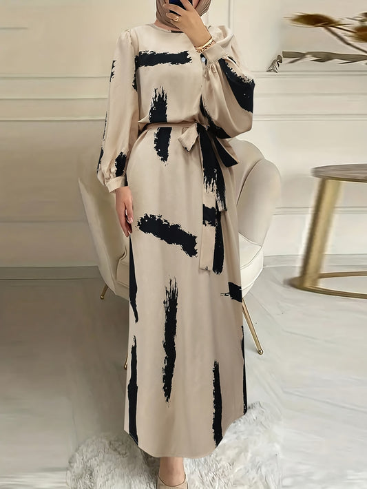 Women's Middle Eastern-Inspired Abaya Robe with Adjustable Waist Belt - Long Sleeve Full-Body Print, Machine Washable Lightweight Fabric, Beige & Black All-Season Modest Cover Dress, Modest Apparel, Flowy Silhouette