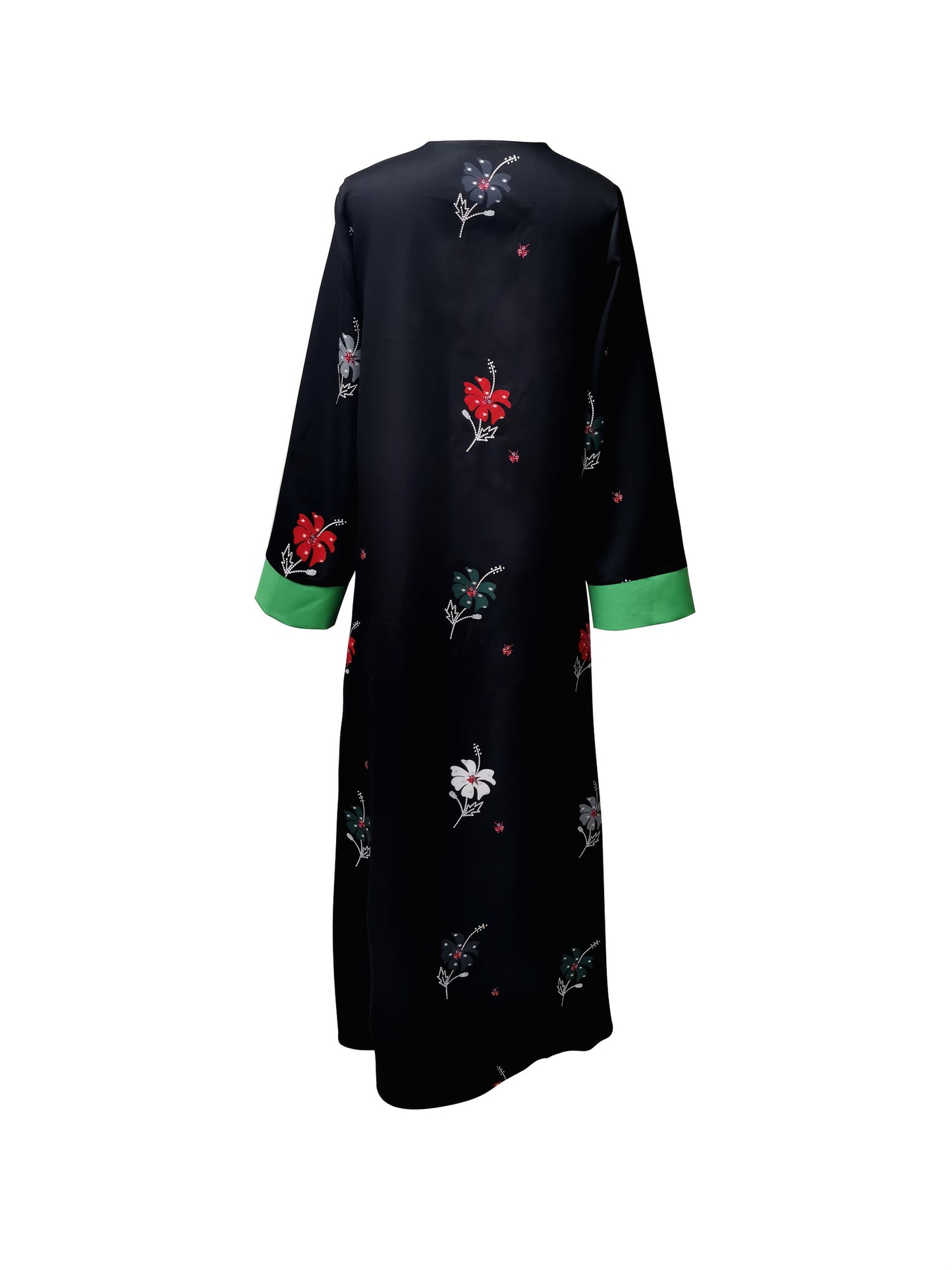 Women's Middle Eastern Turkish Kaftan Dress - Floral Print with Contrast Green Sleeves, Open Collar Long Sleeve Floor-Length Machine Washable Elegant Abaya for Casual & Formal Occasions, Nontransparent Fabric