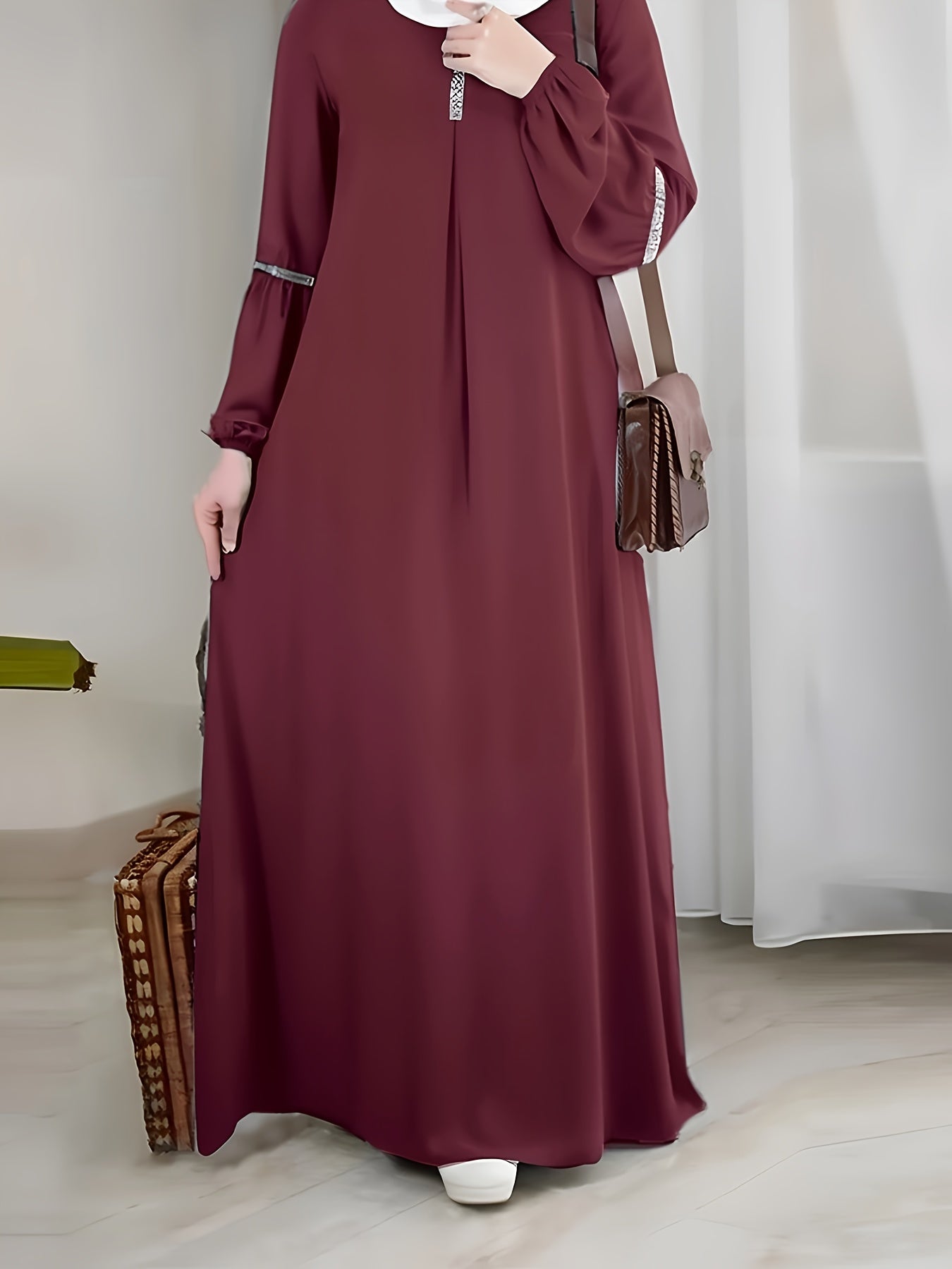 Middle Eastern Solid Color Long Sleeve Muslim Abaya Casual Sequined Dress