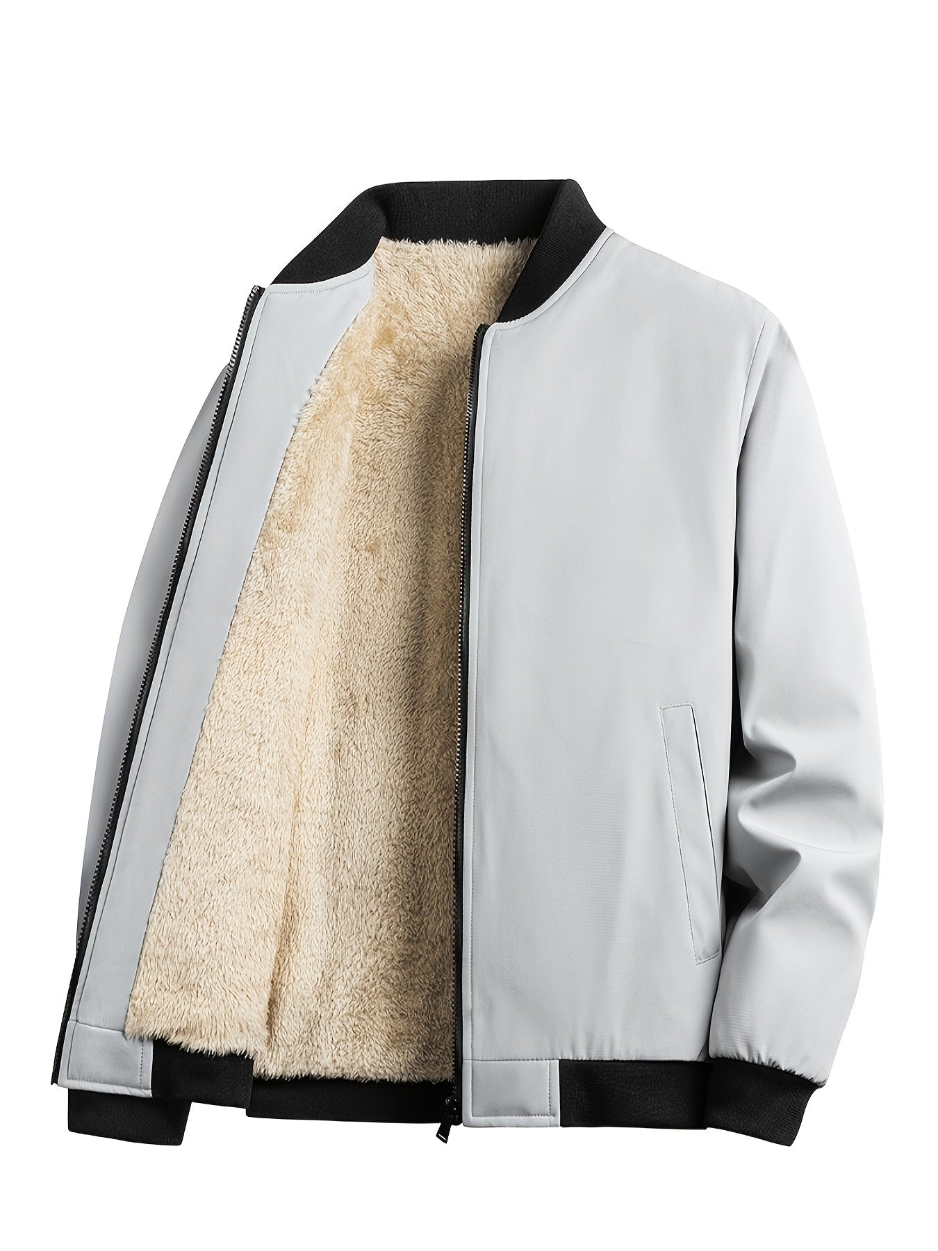 Men's Outdoor Warm Fleece-Lined Thick Casual Business Jacket with Baseball Collar, Solid Color, Machine Washable - Polyester