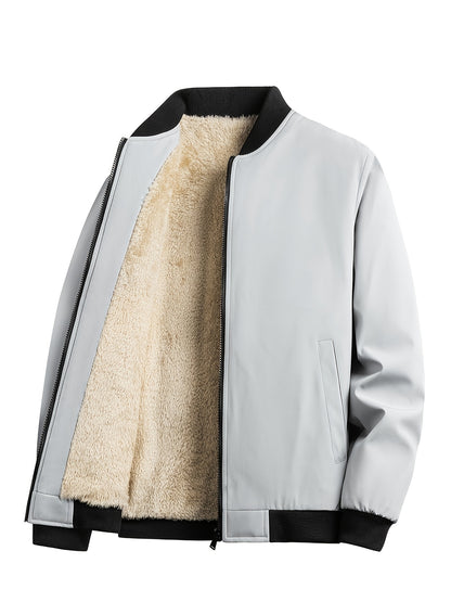 Men's Outdoor Warm Fleece-Lined Thick Casual Business Jacket with Baseball Collar, Solid Color, Machine Washable - Polyester