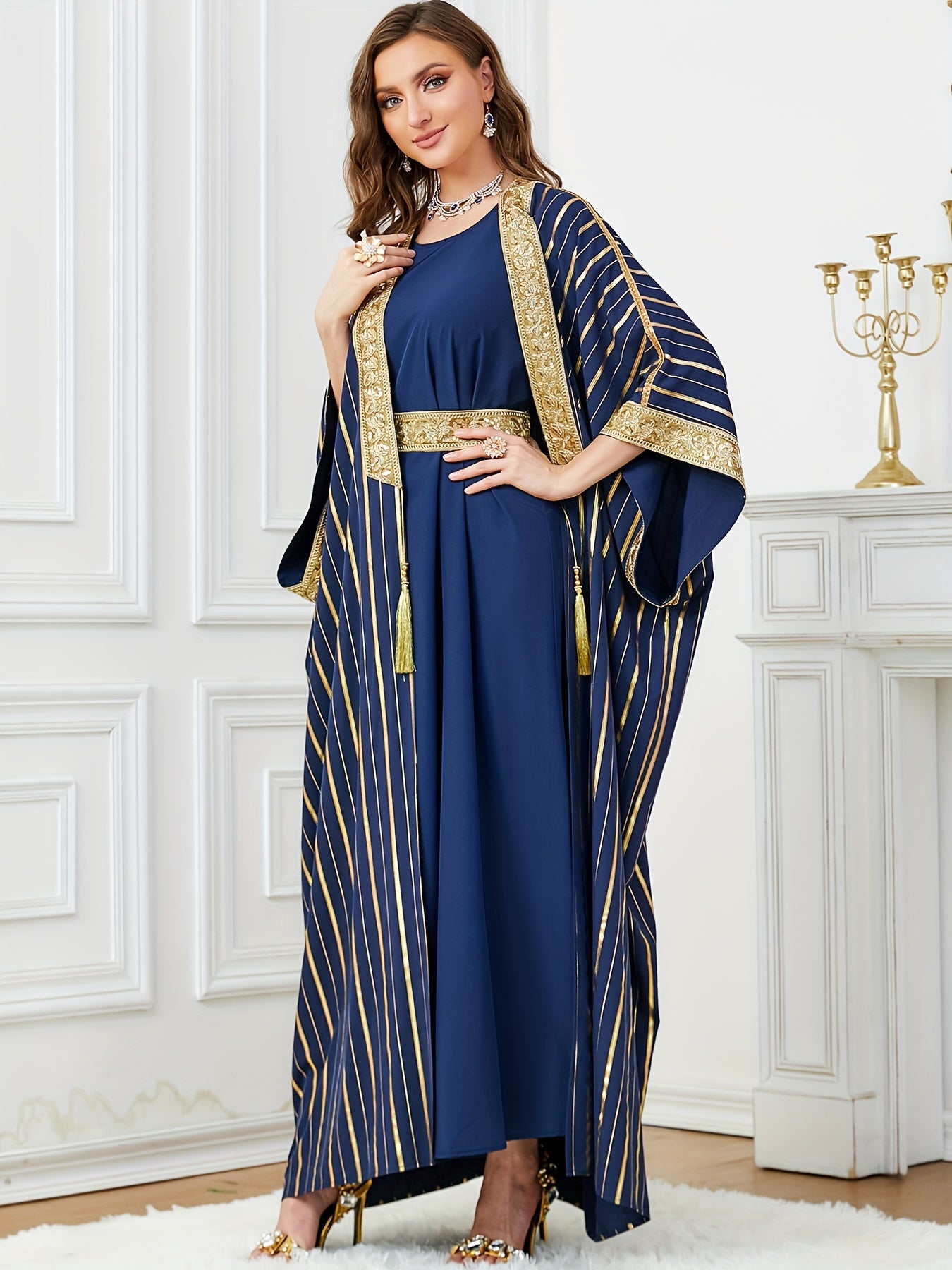 Oriented Spot Middle East Dubai Muslim Women's Abaya Four Seasons Round Neck Ramadan New Long Dress Regular Fit Ultra Thick Texture Super Soft Fabric Open Front Two-Piece Set Golden Belt Craft Flared Sleeve Lightweight Elegan