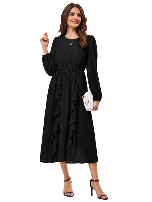 Womens Long Sleeve Wedding Guest Dresses Flowy Chiffon Ruffled A Line Midi Dresses 2024 Fall Casual Long Dress