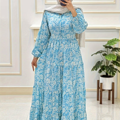 Floral Print Long Dress with Round Neck and Tie Detail - Woven Polyester, Adult Fit, All-Season Straight Dress