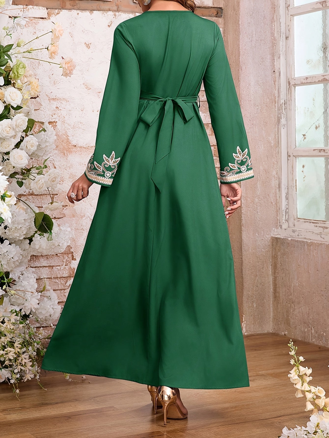 Women's Elegant Arabic Abaya Dress - Long Formal Muslim Wedding Gown with Floral Print, Navy Blue & Golden Islamic Rope for Everyday & Special Occasions - Machine Washable Non-See Through Islamic Clothing, Muslim Dress, Highq