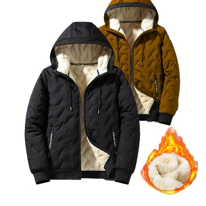 Two-Tone! 1pc Men's Autumn/Winter Thickened Hooded Jacket, Essential Winter Coat with Fleece Lining – Windproof & Warm Casual Workwear for Daily Outings, Commuting, Outdoor Activities, and Sports