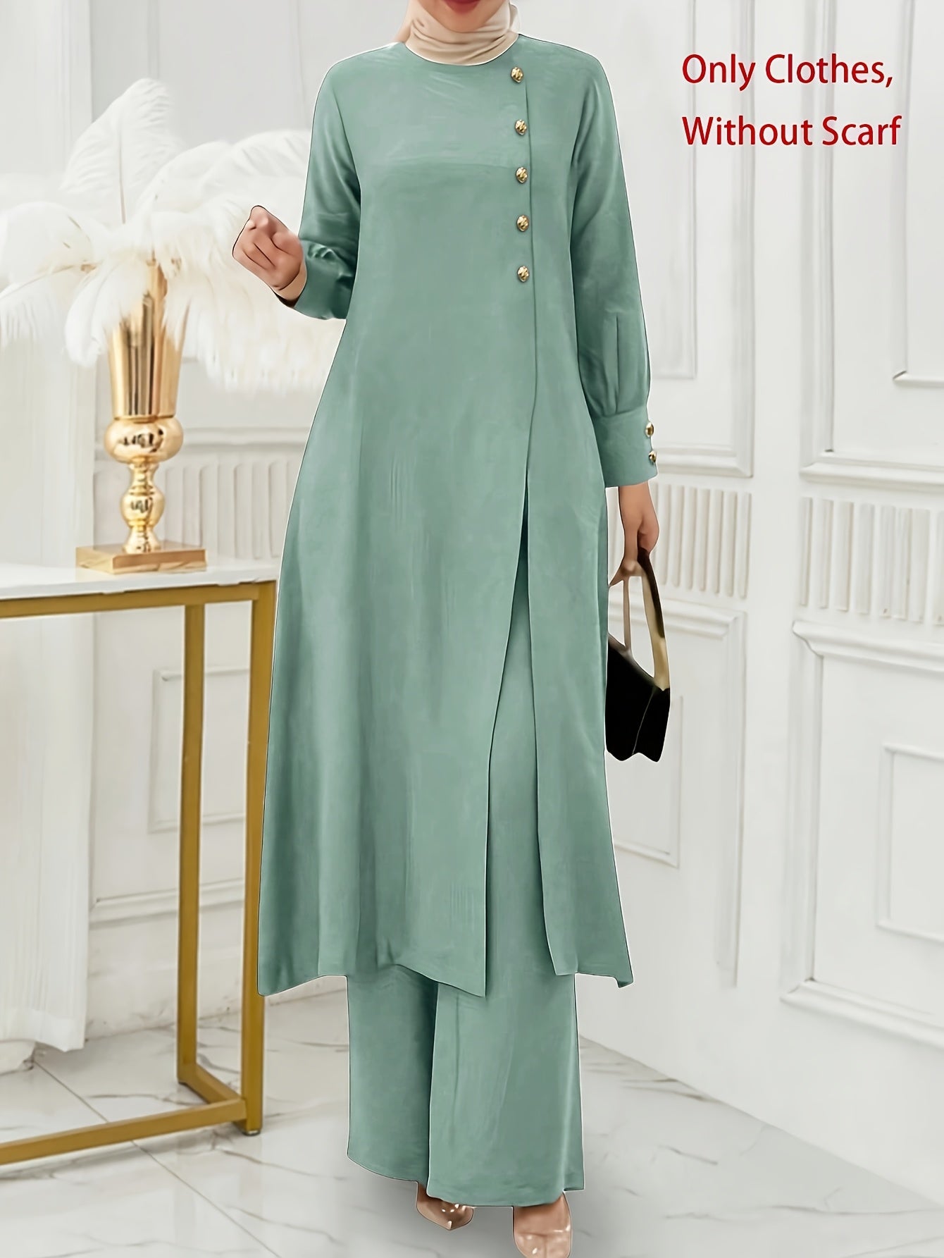 Ramadan Women'S Solid Color Button Design Long Sleeve Top and Pants Set, Arabic Style, Polyester, with Faux Button Detail, for All Seasons