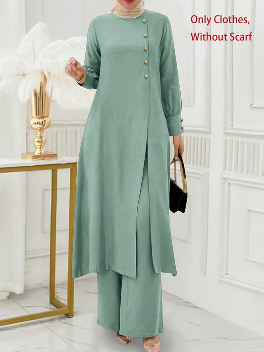 Ramadan Women'S Solid Color Button Design Long Sleeve Top and Pants Set, Arabic Style, Polyester, with Faux Button Detail, for All Seasons