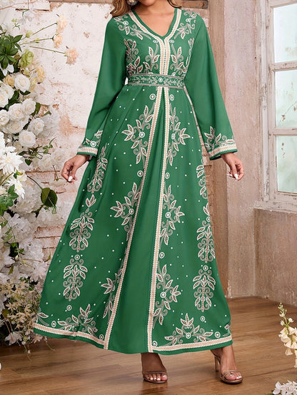 Women's Elegant Arabic Abaya Dress - Long Formal Muslim Wedding Gown with Floral Print, Navy Blue & Golden Islamic Rope for Everyday & Special Occasions - Machine Washable Non-See Through Islamic Clothing, Muslim Dress, Highq